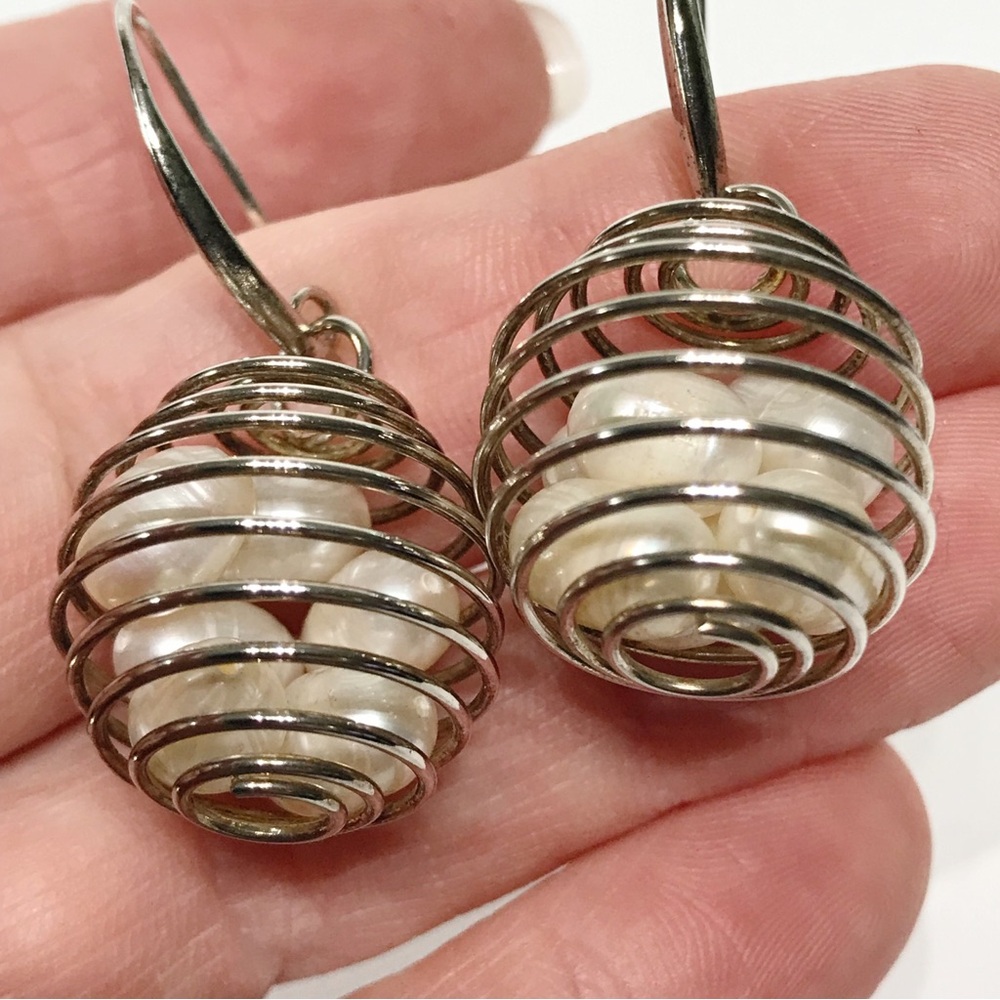 Vintage Sterling Silver 925 Wire Cage 6 Baroque Pearl Egg Basket Drop Earrings - Picture 11 of 16